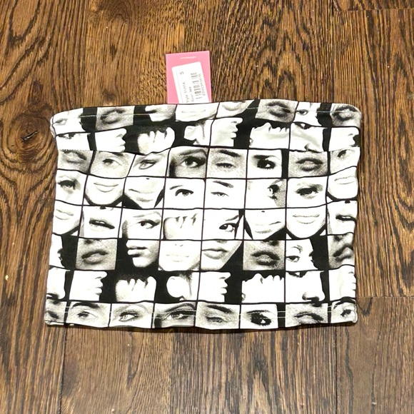 Edikted Tops - Edikted Black & White Printed Faces Strapless Crop Top